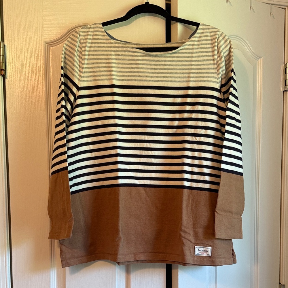 Talbots Beige and Gray Striped Cotton Top